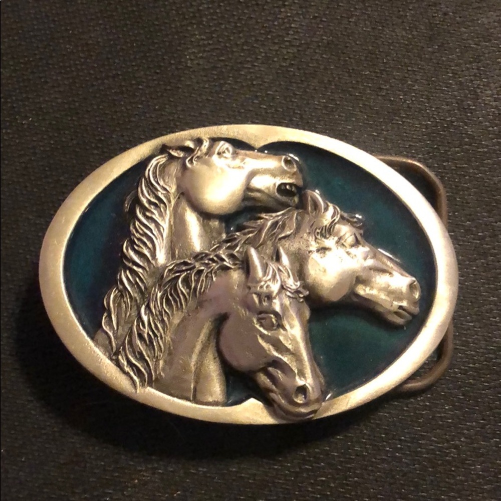 Three Horse Heads Silver-Tone Belt Buckle in Teal